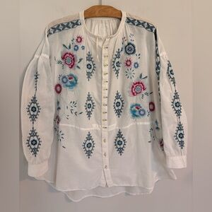 Johnny Was Oversized Button-up Cotton Embroidered Blouse